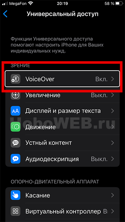 Пункт меню VoiceOver
